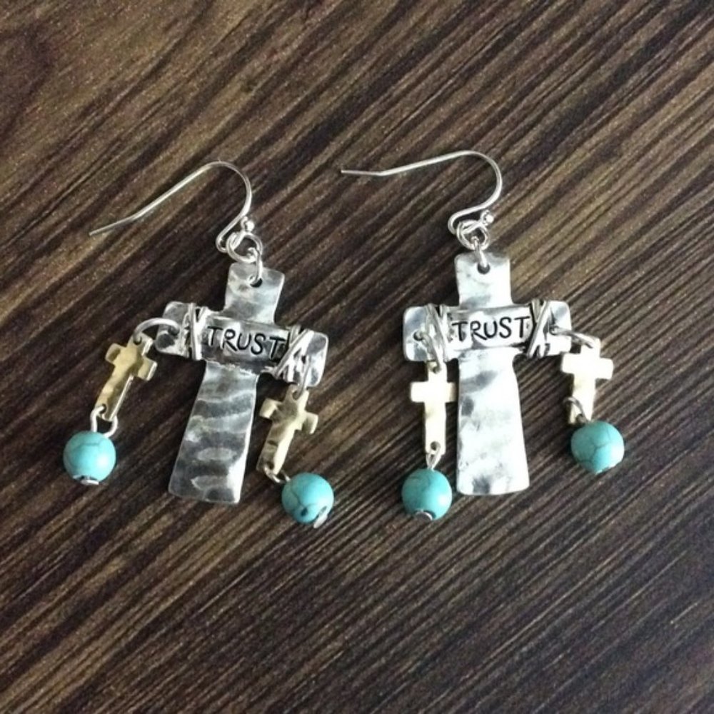 5/$25 SALE - NEW Trust Cross Turquoise Earrings